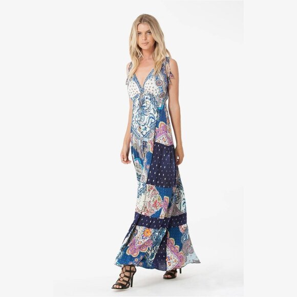 HALE BOB Raisa Patchwork Maxi Tiered Dress Silk Rayon Sz L Navy Multi